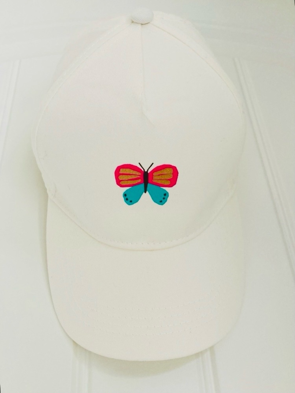 NEW! Kids White Cotton Cap with Pink and Teal Butterfly | 8-11Y